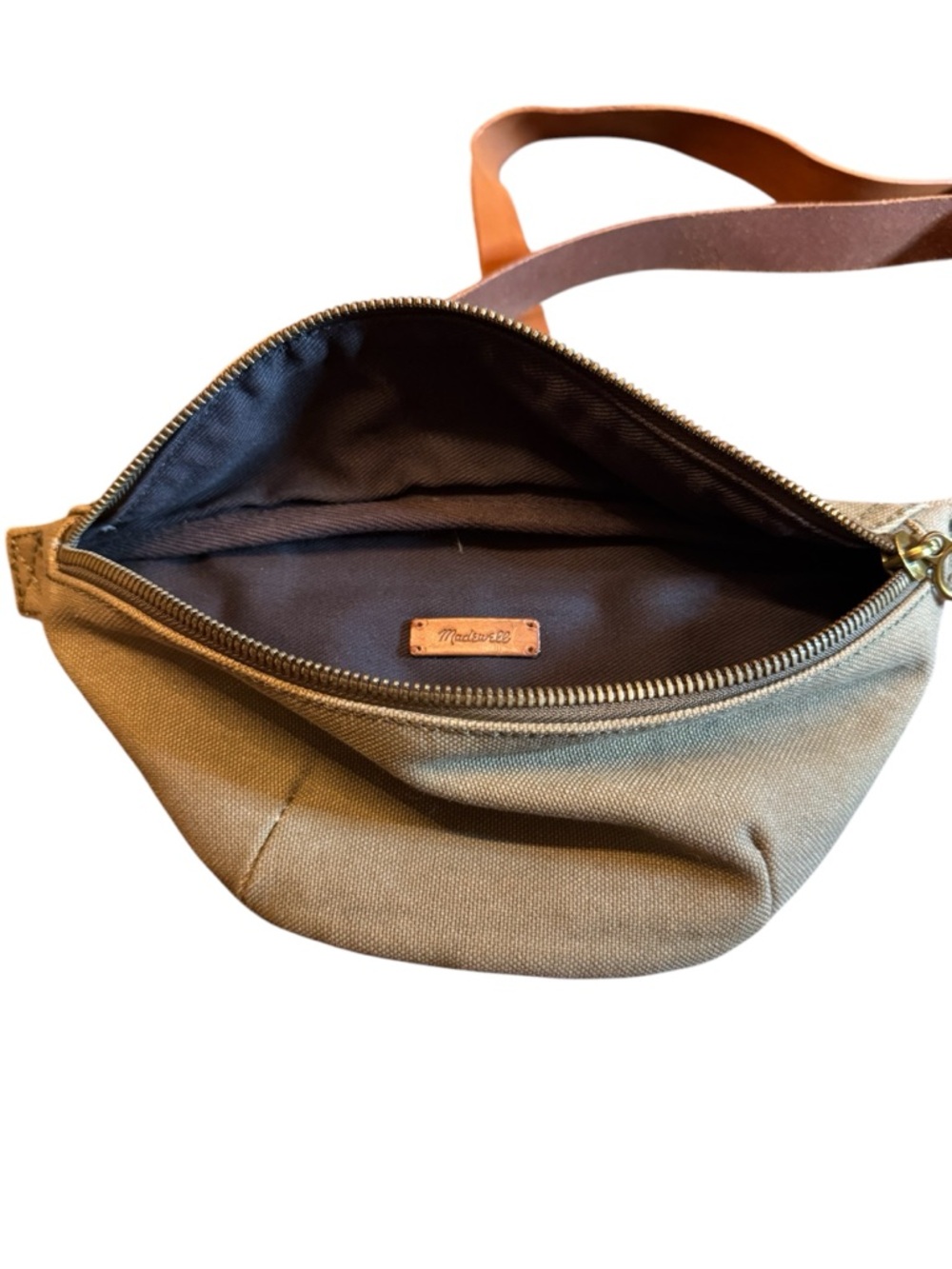 Madewell Canvas Crossbody Belt Bag Army Green with Tan Leather Strap - Picture 2 of 4